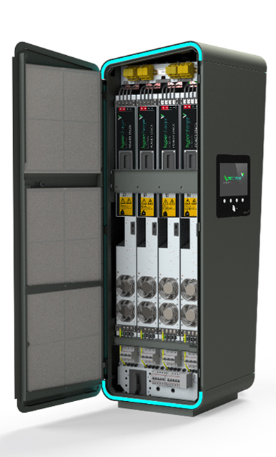 All-in-One EV charging solution - open faced All-in-One max capacity EV charging solution unit with an open panel