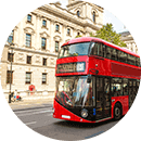 A London red bus driving