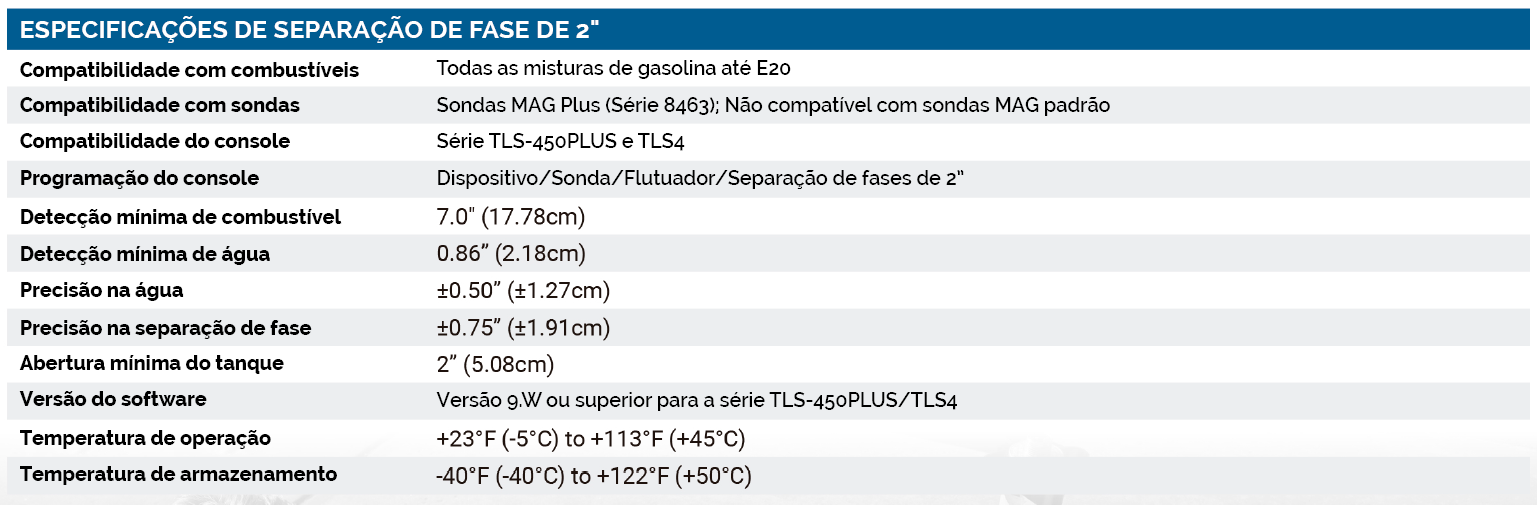 Tabela 2 - Especificações do Separador de Fase