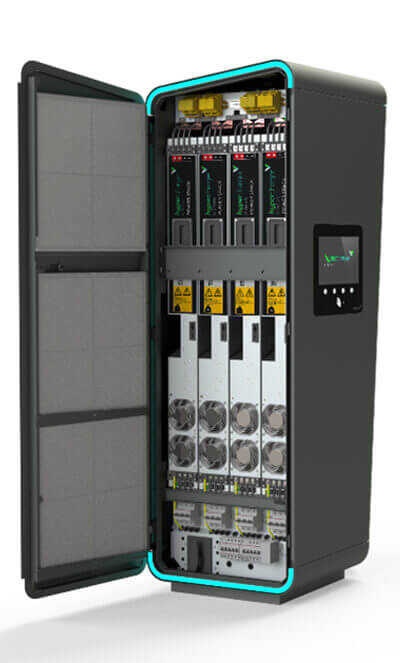 All-in-One EV charging solution - open faced All-in-One max capacity EV charging solution unit with an open panel