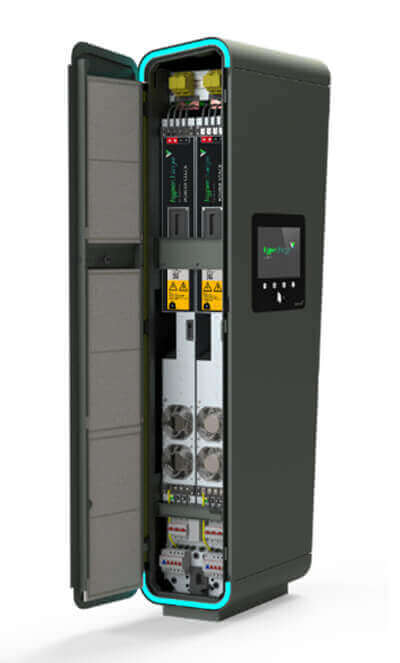 All-in-One EV charging solution - open faced All-in-One EV charging solution unit with an open panel