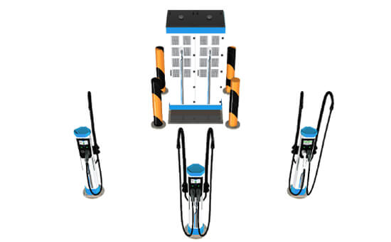 Multiple distibuted power DC fast charges next to the power source 