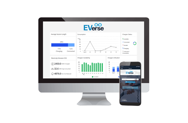 EVerse EV charging management solution on desktop and mobile devices